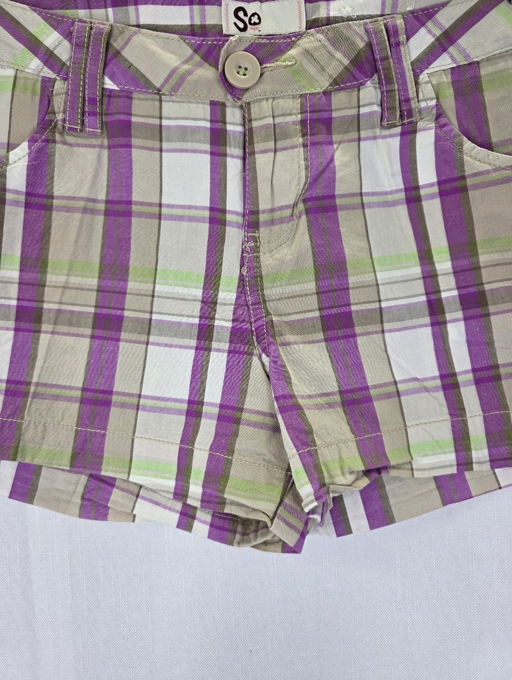 SO Y2k Vintage Low Rise Preppy Plaid Mini Shorts Pink Green Size 9 Juniors 2000s - Picture 5 of 13